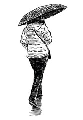 Woman,silhouette,umbrella,casual, young people,rain, walking,real people,bad weather,sketch, black and white vector hand drawn illustration isolated on white,doodle - 776170600