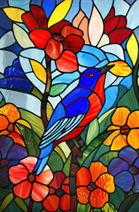 olorful stained glass windows, bird among flowers, bright colors