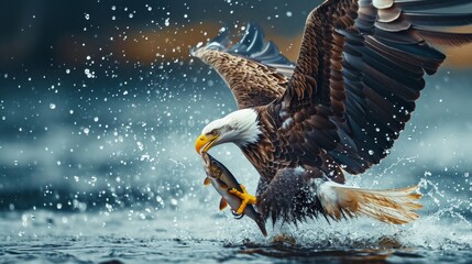 A bald eagle flying above water catching a fish in wild. - obrazy, fototapety, plakaty