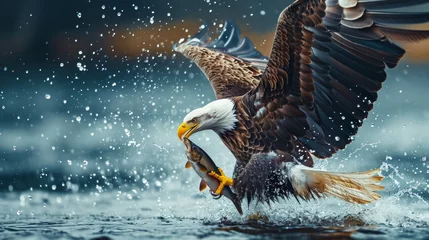 Fotobehang A bald eagle flying above water catching a fish in wild. © rabbit75_fot