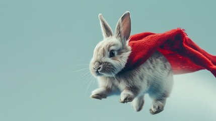 Charming rabbit with a red shroud bouncing and flying on light blue background - obrazy, fototapety, plakaty