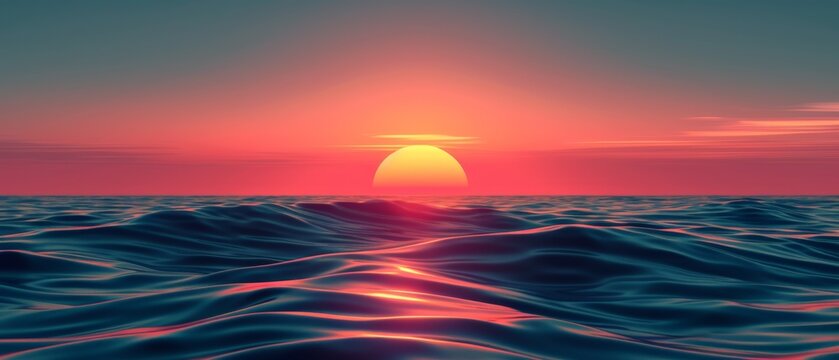  sunrise over a minimalist ocean, with angular shapes and gradients symbolizing the early morning light and tranquil waters.