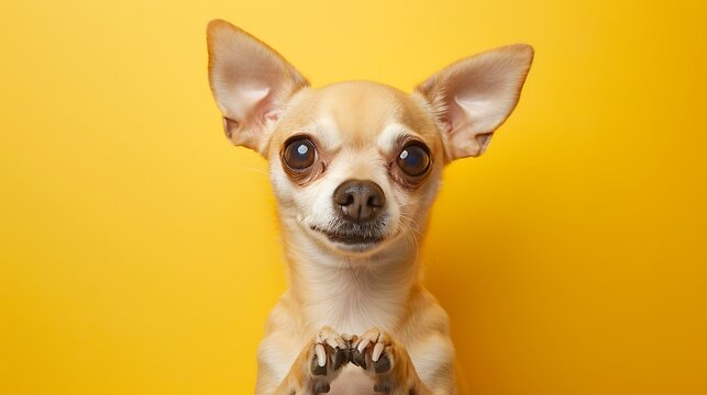 Chihuahua begging in front of on colored background