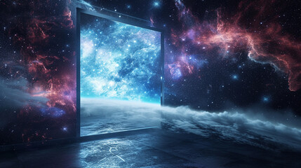 Abstract digital art gallery in outer space, featuring 3D empty mockup frames orbiting around a mesmerizing cosmic nebula