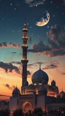 beautiful mosque with a crescent moon in the background, concept on the holiday of Ramadan, vertical banner