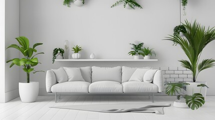 Minimalist White Sofa with Indoor Plants