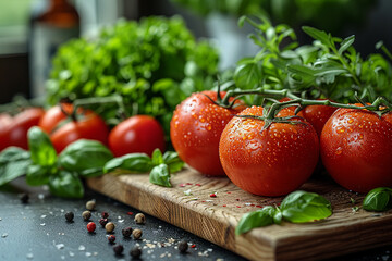 Fresh Tomatoes with Herbs, Wooden Cutting Board. Organic vitamin food. Healthy eating