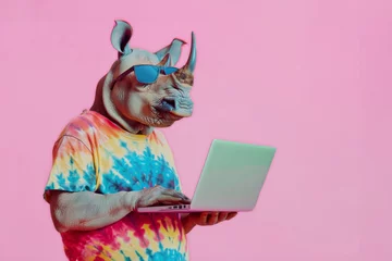 Poster Portrait of a rhino wearing sunglasses and a fancy t-shirt with a laptop on a pink background. Creative concept for children's education. © Владимир Солдатов
