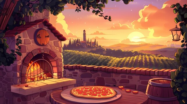 Against the backdrop of a charming Italian countryside, a quaint trattoria showcases a hand-drawn cartoon pizza as its culinary masterpiece.