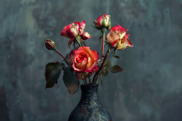 Beautiful roses in vase on dark background, space for text