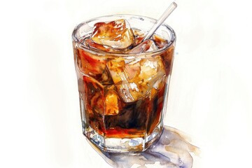 Watercolor depiction of a cold brew coffee with ice cubes, perfect for a warm summer morning