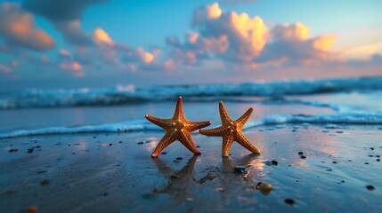 Fototapeta na wymiar Couple of Starfish walking on the beach