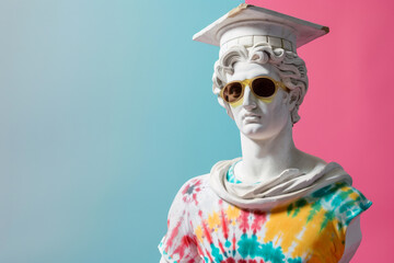 Sculpture of Apollo wearing an academic cap and sunglasses on a pink and blue background.