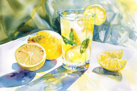 Watercolor painting of a glass of iced lemonade with lemon slices, on a hot summer day