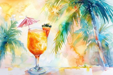 Gentle watercolor of a pina colada against a backdrop of summer palm trees - obrazy, fototapety, plakaty