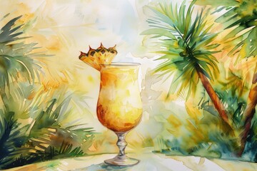 Gentle watercolor of a pina colada against a backdrop of summer palm trees - obrazy, fototapety, plakaty