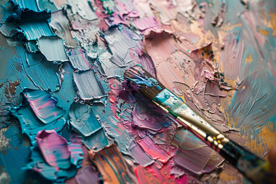 Close-up of a vibrant artist's palette with thick, textured oil paints and a paintbrush, showcasing a spectrum of colors..