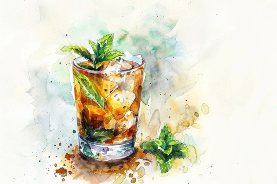 Delicate watercolor of an iced tea with mint leaves, embodying summer relaxation