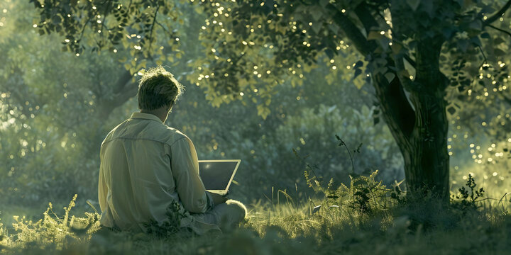 I am enjoying a quite moment alone with my thoughts and my notepad - man sat under the shade of a tree on a warm hazy summer's day holding his tablet scrolling through information