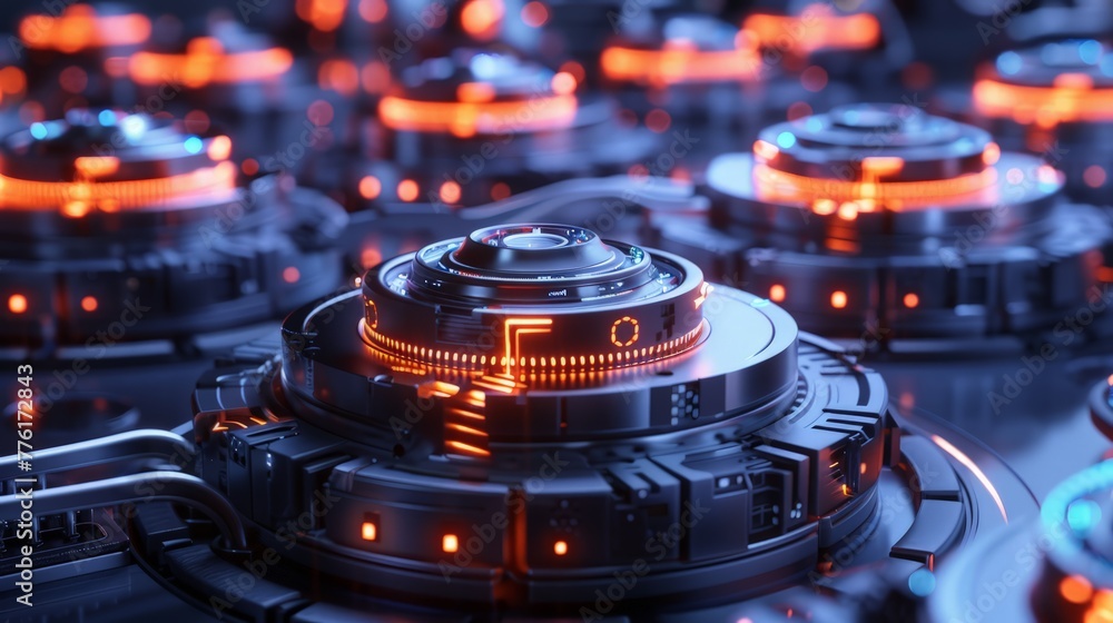 Poster close-up of futuristic sensors, with a focus on their role in enhancing factory operations