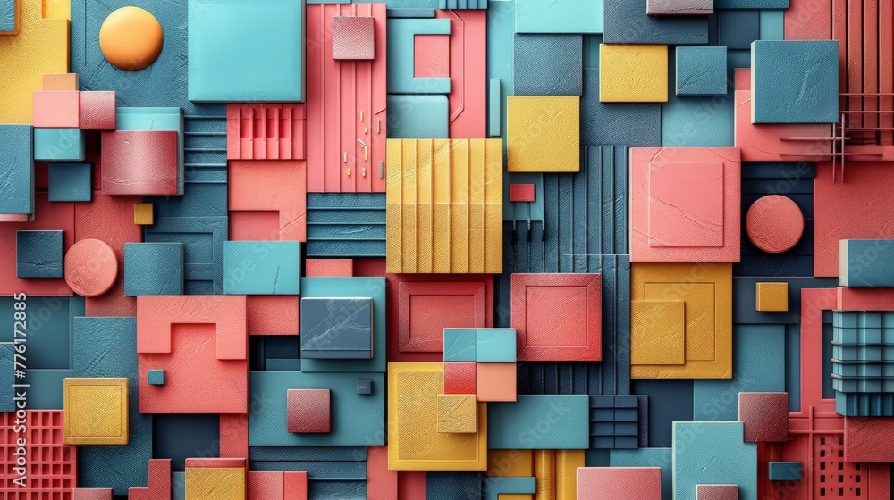 Poster 3d clay render of square shapes and geometric patterns, creating a colorful, futuristic background