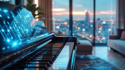 Piano keyboard projecting holographic music sheet, in a sleek, modern apartment overlooking the city - obrazy, fototapety, plakaty