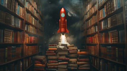 Books form a launchpad, propelling a red rocket into the vastness of knowledge - obrazy, fototapety, plakaty