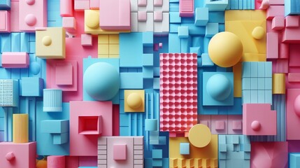 3D clay render of square shapes and geometric patterns, creating a colorful, futuristic background
