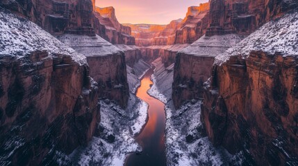 Majestic landscape of rugged lands valley in winter with snow.