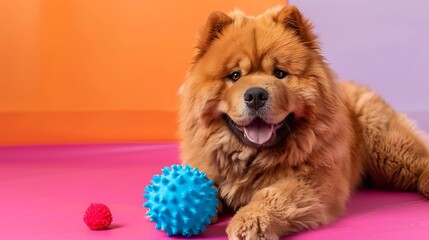 cute chow chow dog with a toy on colored background