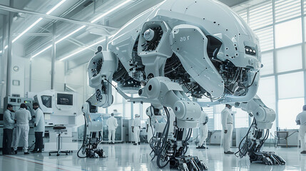 An advanced robotic design is showcased in a modern research and development lab with engineers monitoring progress. - obrazy, fototapety, plakaty