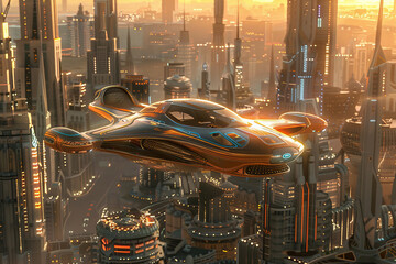 A sleek, futuristic flying car glides above dense, skyscraper-studded clouds in a bustling urban skyline..