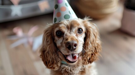 Cute cocker spaniel in party hat indoors