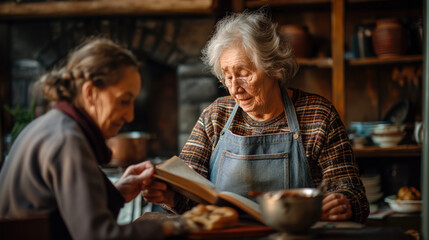 Senior Women Sharing Memories Over a Photo Album in a Cozy Kitchen