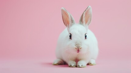 Cute domestic rabbit looking in to the camera making a funny slide on pink backdrop - obrazy, fototapety, plakaty
