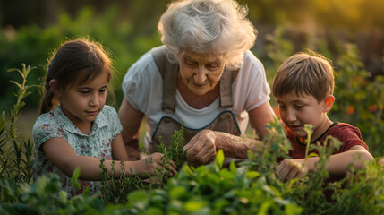 Inter-Generational Gardening Moments: Elderly Woman with Grandchildren