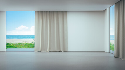 Blank wall on empty concrete floor of large living room in modern house or luxury villa. Minimal home interior 3d rendering with beach and sea view.