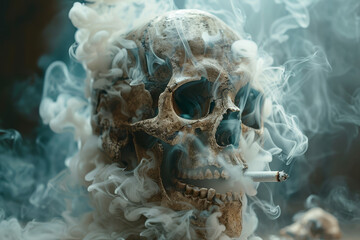 A human skull with a lit cigarette in its mouth, enveloped by intricate patterns of swirling smoke, conveying the impact of smoking..