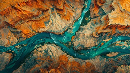 Majestic landscape of rugged lands with valleys and river. Aerial view with abstract patterns.