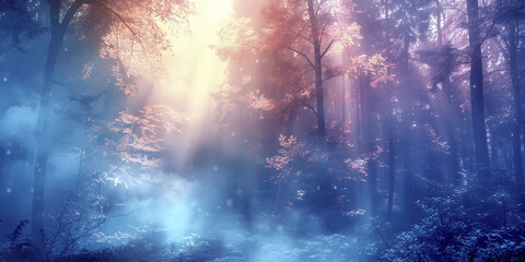 Ethereal misty magical forest scenery  - beautiful tall pine trees with golden light shaft and mystical blue haze ideal for a fantasy spiritual theme and copy space for text
- 776174086