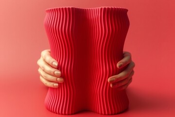 a red vase with a red background and hands holding a red cylinder.