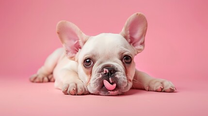 Cute french bulldog puppy lying down on a pink background licking its nose - obrazy, fototapety, plakaty