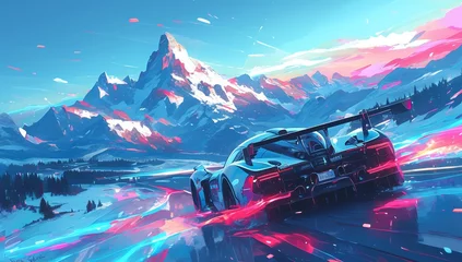 Schilderijen op glas A futuristic sports car is driving on the road in front of neon mountains, fantasy landscape style with glowing lights and vibrant colors.  © Photo And Art Panda
