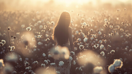 Back view of a woman standing in a field of cotton touched by the warm light of the setting sun, creating a serene ambiance.. - obrazy, fototapety, plakaty