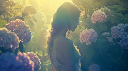 A woman stands facing away, lost in a sea of hydrangea flowers shrouded in the gentle mist of an early morning sunrise.. - obrazy, fototapety, plakaty