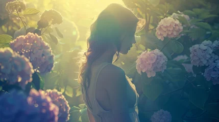 Fotobehang A woman stands facing away, lost in a sea of hydrangea flowers shrouded in the gentle mist of an early morning sunrise.. © bajita111122