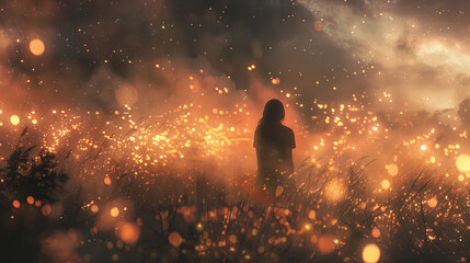 A solitary woman stands in a field, surrounded by an otherworldly glow and floating embers, evoking a sense of contemplation and mystique..