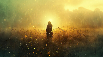 A woman standing in rain fields, bathed in a soft glow, with the image appearing ethereal and faded