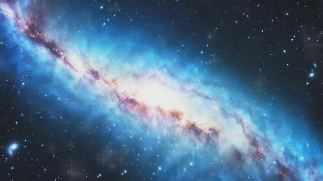 Fly Through Stars And Blue Nebulae In Space. Galaxy exploration through outer space towards the shining milky way galaxy. High quality 4k recording
