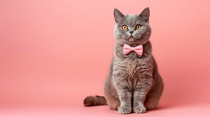 Cute gray cat sitting in a bow tie on a pink background